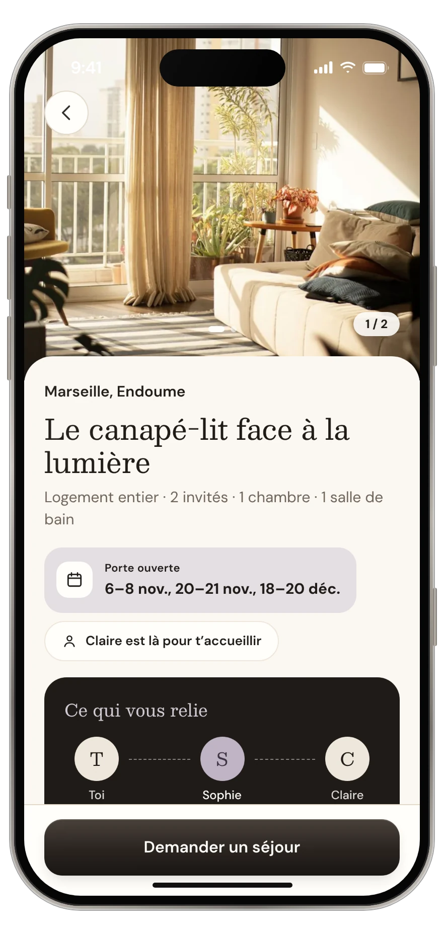 Un iPhone affichant un logement et le bloc Ce qui vous relie : Toi, Sophie, Claire